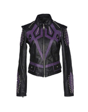 Load image into Gallery viewer, Women&#39;s Burnished Two Tone Black Purple Leather Silver Small Studs Jacket - leathersguru
