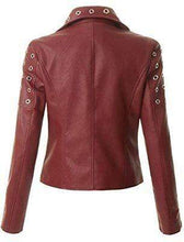 Load image into Gallery viewer, Women&#39;s Leather Maroon Zip Up Moto Biker Jacket Pocket Biker Jacket - leathersguru
