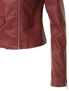 Women's Leather Maroon Zip Up Moto Biker Jacket Pocket Biker Jacket - leathersguru