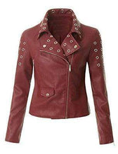 Load image into Gallery viewer, Women&#39;s Leather Maroon Zip Up Moto Biker Jacket Pocket Biker Jacket - leathersguru
