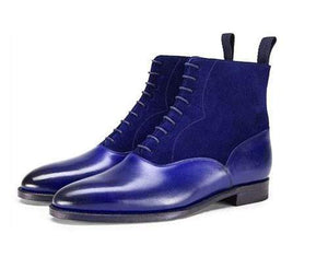 Handmade Blue Leather Suede Lace Up Boots - leathersguru