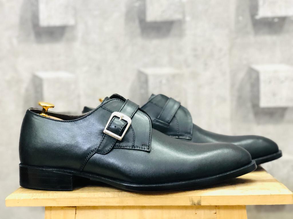 Men's Black Monk Buckle Leather Shoes - leathersguru