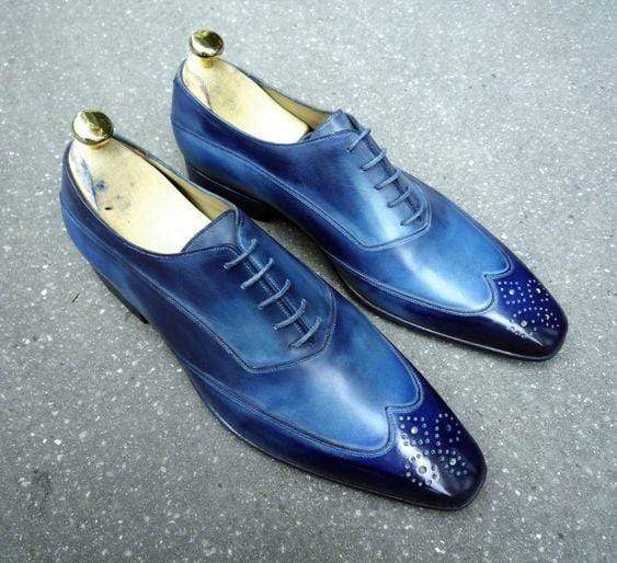 Men's Leather Blue Color Wing Tip Brogue Shoes - leathersguru