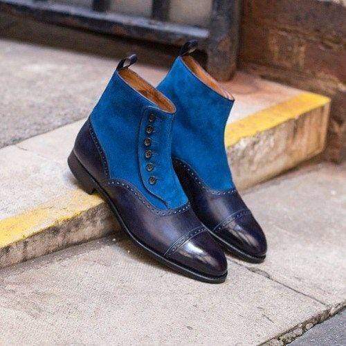 Handmade Men's Ankle High Two Tone Leather Suede Button Top Boot - leathersguru