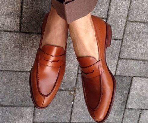 Handmade Men's Leather Brown Slip On Split Toe Shoes - leathersguru