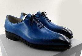 Handmade Men's Leather Blue Derby Brogue Shoes - leathersguru