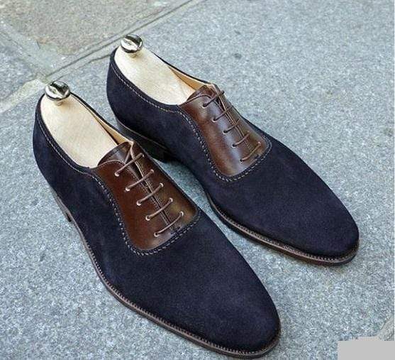 Handmade Men's Suede Navy Blue Derby Shoes - leathersguru