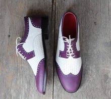 Load image into Gallery viewer, Handmade Leather White Purple Wing Tip Shoe - leathersguru

