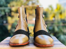 Load image into Gallery viewer, Men&#39;s Beige &amp; Black Cap Toe Denim Leather Boot - leathersguru
