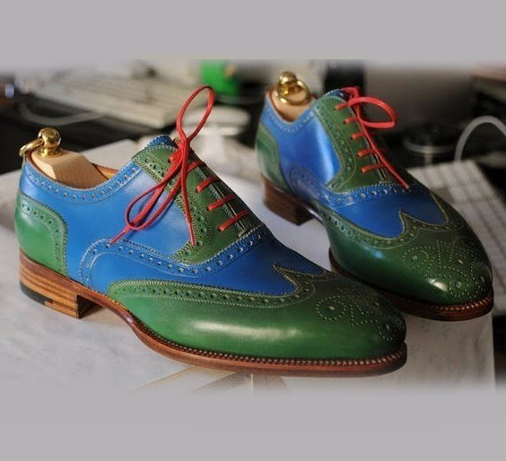 Bespoke Blue & Green Leather Wing Tip Lace Up Shoe for Men - leathersguru