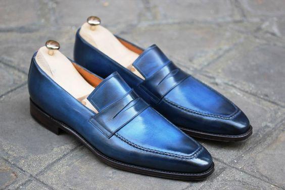 Handmade Men's Leather Blue Slip On Square Toe Shoes - leathersguru