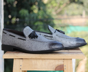 Bespoke Gray Ostrich Leather Tussle Loafer  Shoe for Men - leathersguru