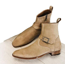 Load image into Gallery viewer, Men&#39;s Ankle Beige Suede Jodhpurs Buckle Side Zipper Boot - leathersguru
