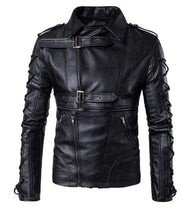 Load image into Gallery viewer, Men&#39;s Black Belted Buckle Zip Up Leather Handmade Casual Jacket - leathersguru
