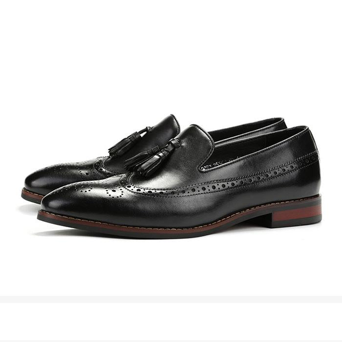 Bespoke Black Leather Tussle Wing Tip Loafer Shoes - leathersguru