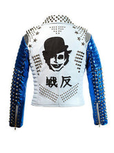 Load image into Gallery viewer, Men&#39;s White Blue Studded Leather Stylish Fashion Jacket
