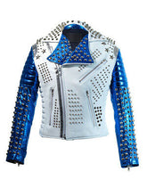 Load image into Gallery viewer, Men&#39;s White Blue Studded Leather Stylish Fashion Jacket
