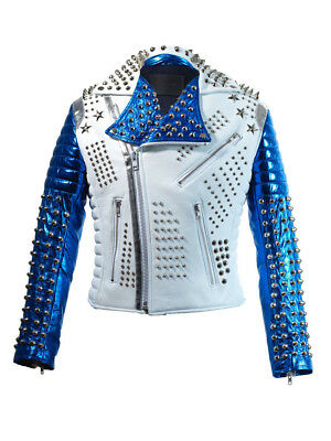 Men's White Blue Studded Leather Stylish Fashion Jacket