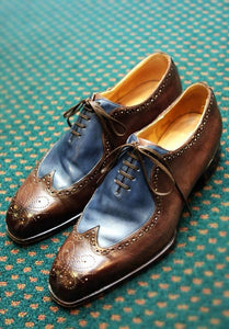 Handmade Men's Lace Up Brogue Shoes, Men's brown blue Leather Wing Tip Shoes