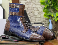 Load image into Gallery viewer, Brown Blue cap toe monk strap alligator lace up boot
