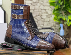 Brown Blue cap toe monk strap alligator lace up boot