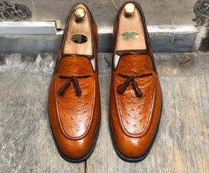 Handmade Ostrich Tan Tussles Leather Loafers For Men's - leathersguru