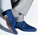 Handmade Men's Blue Suede Monk Strap Cap Toe Shoes - leathersguru