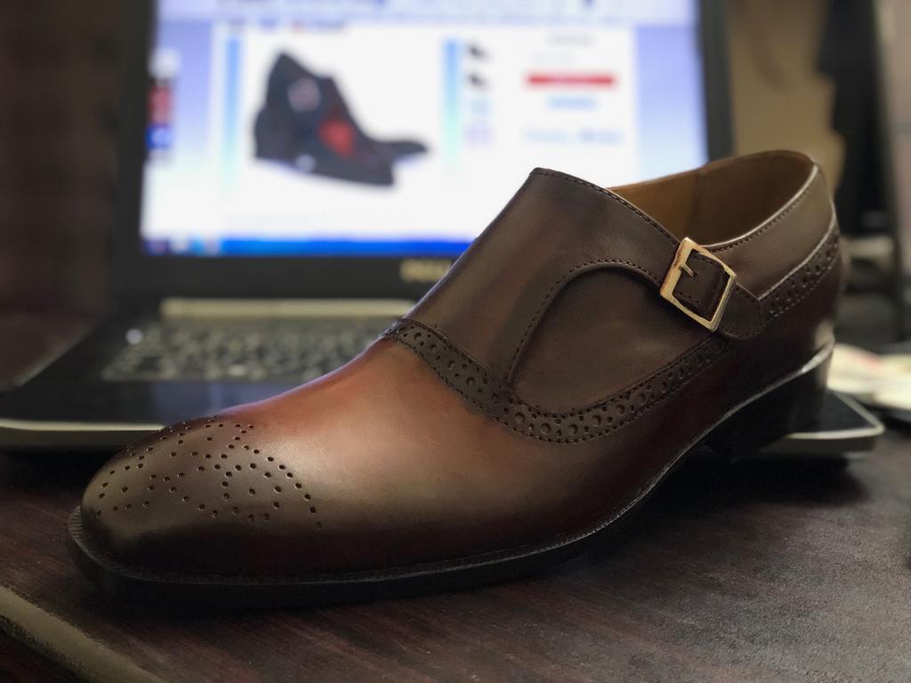 Men's Leather Monk Strap  Brown Brogue Shoes - leathersguru