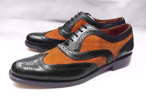 Handmade Tan Black Suede Leather Brogue Shoes - leathersguru
