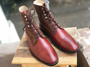 Bespoke Brown Burgundy Leather Suede Ankle Lace Up Boot - leathersguru