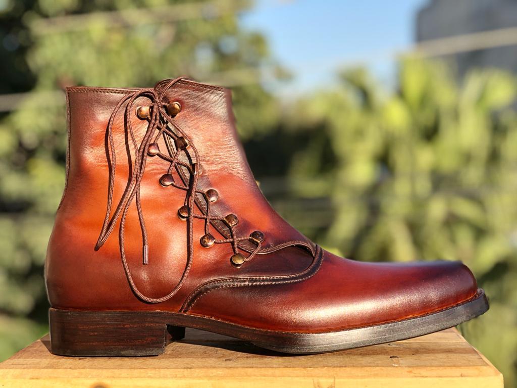 Bespoke Two Tone Brown Ankle Leather Lace Up Men's Boot - leathersguru