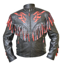 Load image into Gallery viewer, western cowboy black and red fringes leather jacket
