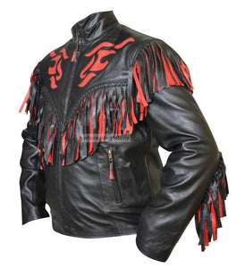 western cowboy black and red fringes leather jacket
