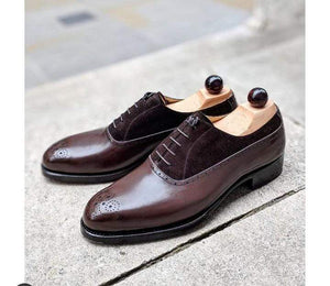 Handmade Men's Leather Suede Dark Brown Brogue Shoes - leathersguru
