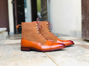 Handmade Brown Leather Suede Cap Toe Lace Up Boot - leathersguru