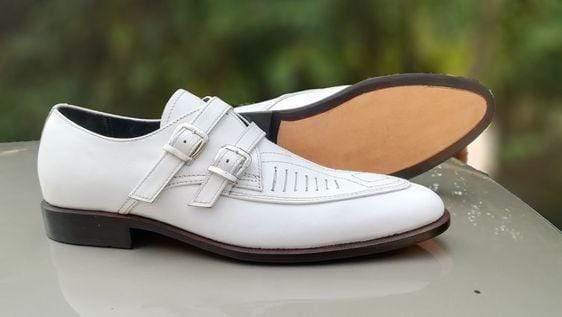 Handmade Men's White Double Monk strap Shoe - leathersguru