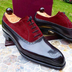 Handmade Men's Maroon Leather Suede Black Brogue Shoes - leathersguru