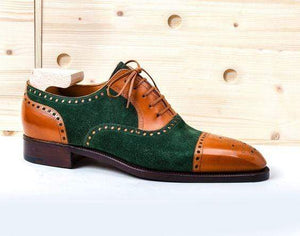 Handmade Men's Leather Suede Tan Green Cap Toe Brogue Shoes - leathersguru
