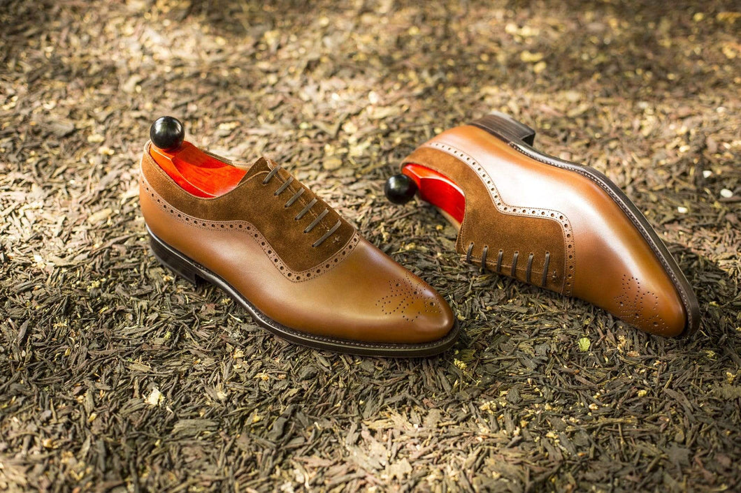 Handmade Men's Leather Suede Tan Brogue Toe Shoes - leathersguru