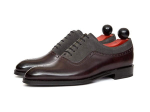 Handmade Men's Leather Suede Brown Gray Brogue Shoes - leathersguru