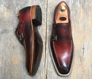 Handmade Burgundy Leather Double Monk Shoes For Men' - leathersguru