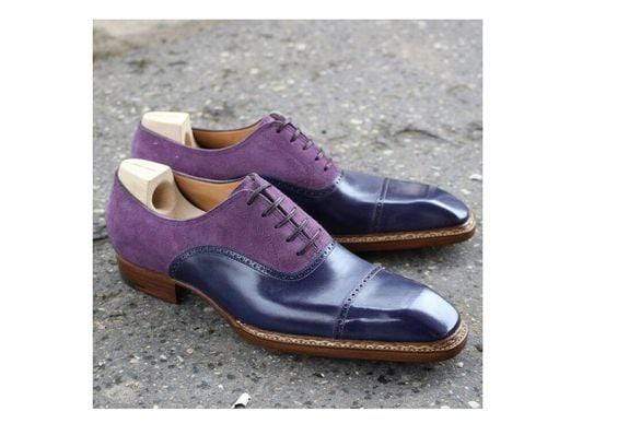 Men's Leather Suede Purple Navy Blue Cap Toe Shoes - leathersguru