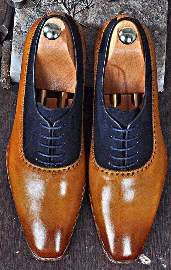 Handmade Men's Tan Navy Blue Leather Suede Shoes - leathersguru