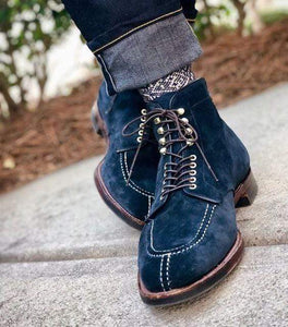Handmade Navy Suede Split Toe Lace Up Boots - leathersguru
