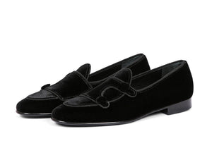 Black Belgina Loafer Velvet Shoes, Double Monk Style Men Party Shoes.