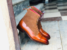 Load image into Gallery viewer, Handmade Brown Leather Suede Cap Toe Lace Up Boot - leathersguru

