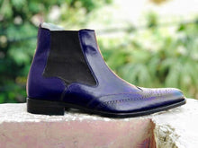 Load image into Gallery viewer, Handmade Men&#39;s Ankle High Leather Purple Wing Tip Chelsea Boot - leathersguru
