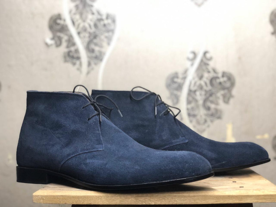 Men's Half Ankle Navy Blue Lace Up Suede Boot - leathersguru