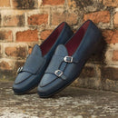 Bespoke Dark Blue Leather Monk Strap Loafer Shoe for Men - leathersguru