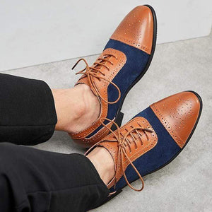 Men's Brown Navy Blue Leather Suede Cap Toe Shoes - leathersguru